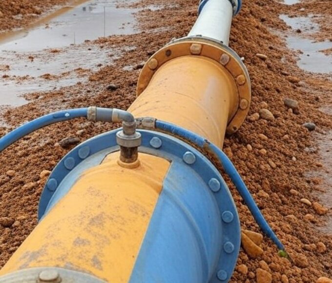 Rua na Asa Norte de Brasília com prédios icônicos e símbolos de corte de água, afetando instituições como Senado e Presidência.