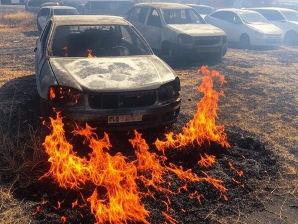 Incêndio em vegetação danifica oito carros em Vicente Pires, DF, com chamas e fumaça em área urbana.