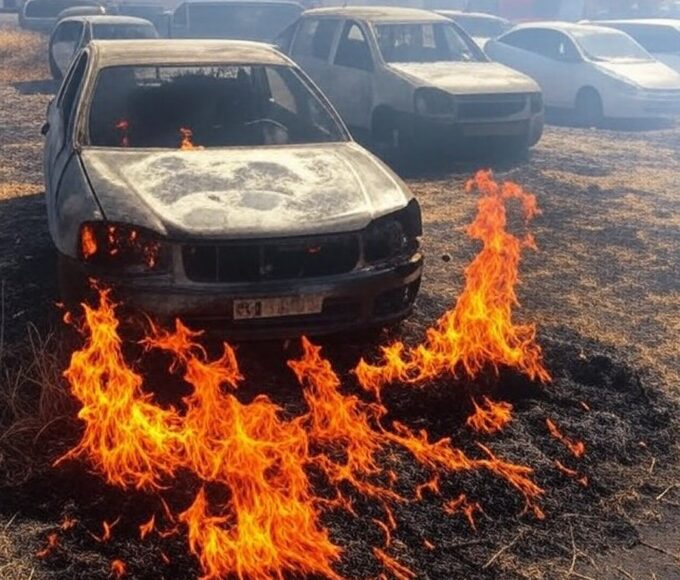 Incêndio em vegetação danifica oito carros em Vicente Pires, DF, com chamas e fumaça em área urbana.