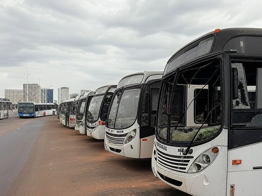 Ônibus depredados por vândalos em rua de Brasília, DF, com danos visíveis em vidros e carrocerias.