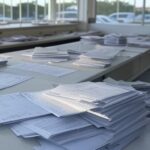 Balcão de atendimento da Caesb no DF com pilhas de documentos, representando burocracia e ampliação de horários.