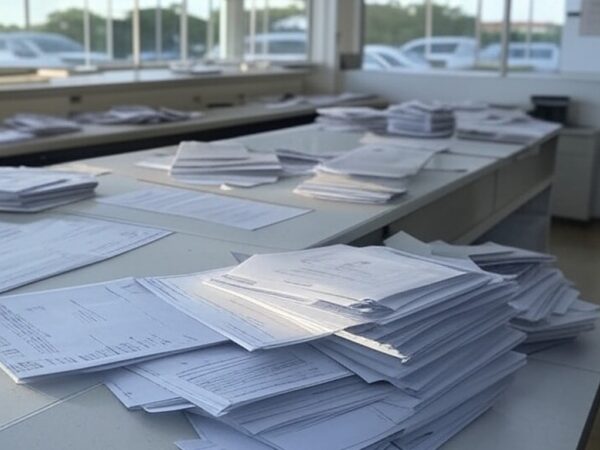 Balcão de atendimento da Caesb no DF com pilhas de documentos, representando burocracia e ampliação de horários.