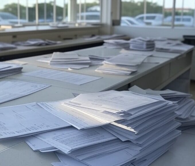 Balcão de atendimento da Caesb no DF com pilhas de documentos, representando burocracia e ampliação de horários.