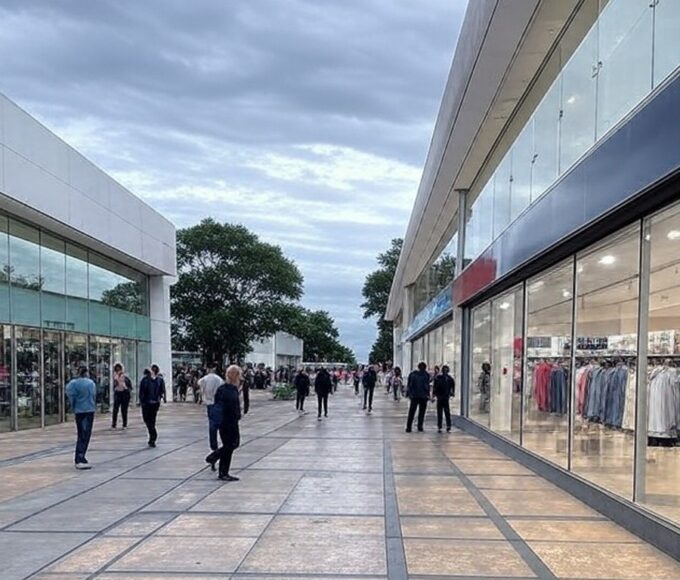 Avenida comercial em Brasília com lojas e vitrines, ilustrando crescimento de 5,7% no varejo limitado por juros altos.