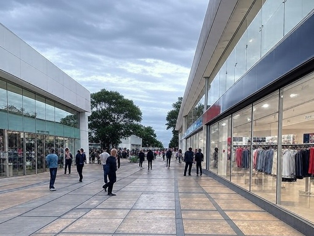 Avenida comercial em Brasília com lojas e vitrines, ilustrando crescimento de 5,7% no varejo limitado por juros altos.