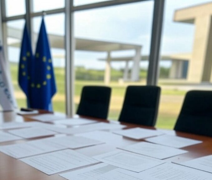 Mesa de conferência em Brasília com bandeiras da UE e Mercosul, representando acordo histórico de livre-comércio.