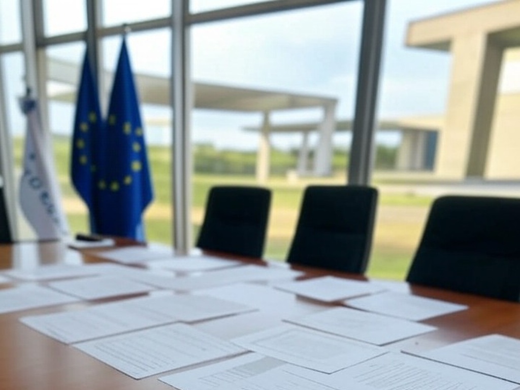 Mesa de conferência em Brasília com bandeiras da UE e Mercosul, representando acordo histórico de livre-comércio.