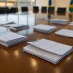 Sala de conferência em Brasília com bandeiras e documentos da reforma tributária aprovados por governadores.