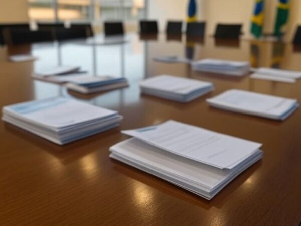 Sala de conferência em Brasília com bandeiras e documentos da reforma tributária aprovados por governadores.