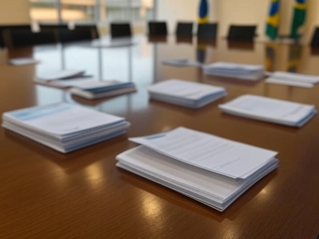 Sala de conferência em Brasília com bandeiras e documentos da reforma tributária aprovados por governadores.