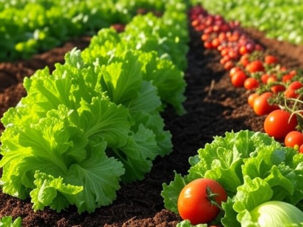 Lavoura orgânica no DF com vegetais frescos e solo fértil, representando certificação de produtores pela Emater-DF.