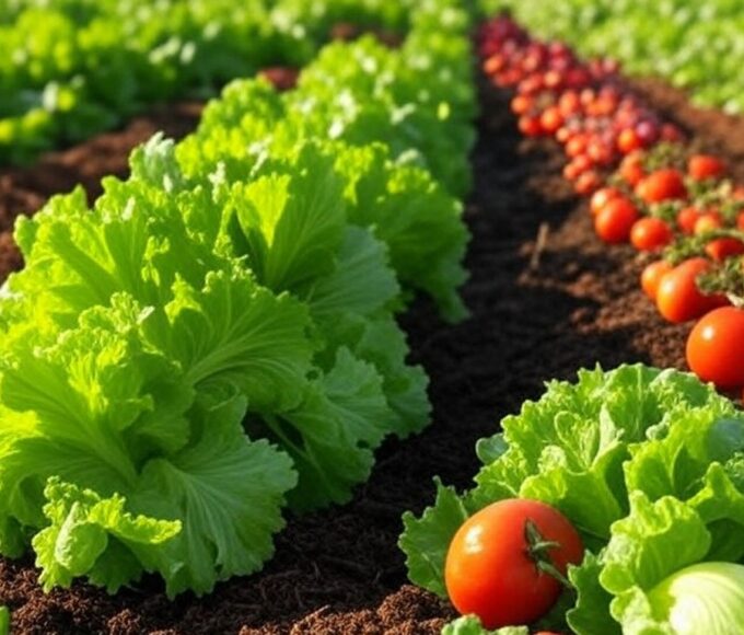 Lavoura orgânica no DF com vegetais frescos e solo fértil, representando certificação de produtores pela Emater-DF.