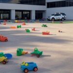 Fachada de creche em Brasília com câmeras de segurança e brinquedos no pátio vazio, representando caso de agressões filmadas.