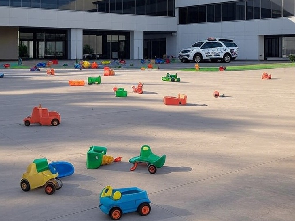 Fachada de creche em Brasília com câmeras de segurança e brinquedos no pátio vazio, representando caso de agressões filmadas.