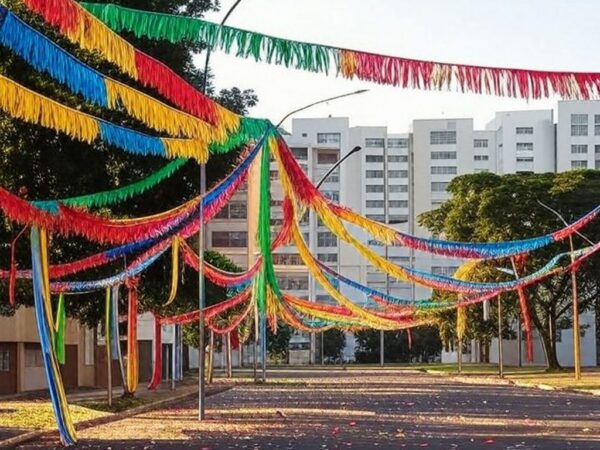 Rua na Asa Norte de Brasília com decorações de carnaval do Bloco Vai Quem Fica, ambiente festivo familiar.
