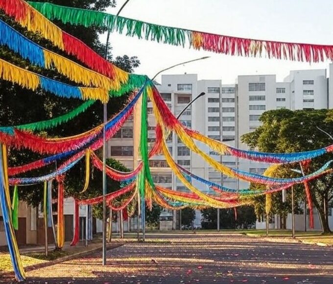 Rua na Asa Norte de Brasília com decorações de carnaval do Bloco Vai Quem Fica, ambiente festivo familiar.
