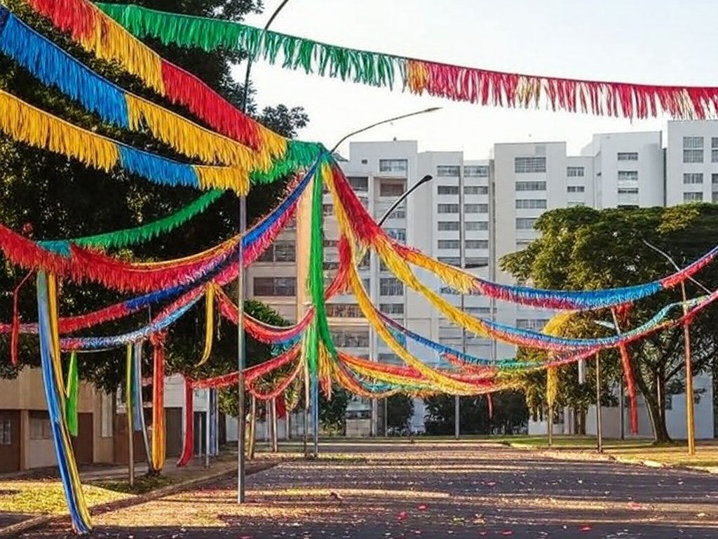 Rua na Asa Norte de Brasília com decorações de carnaval do Bloco Vai Quem Fica, ambiente festivo familiar.