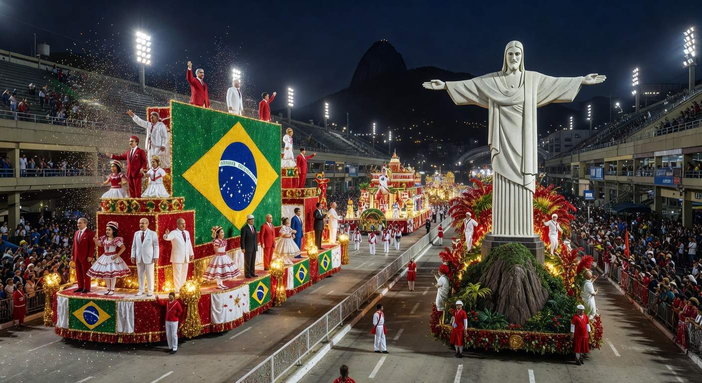 Desfile de samba no carnaval brasileiro com alegorias políticas no Sambódromo do Rio de Janeiro.