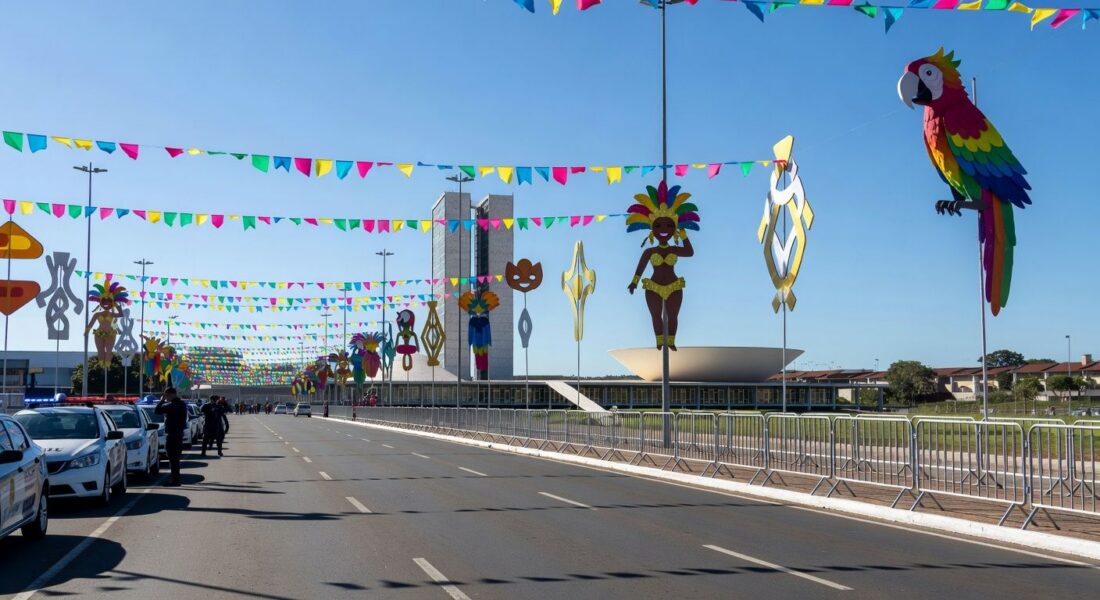 Viaturas da Polícia Militar do DF reforçando segurança em evento de Carnaval em Brasília.