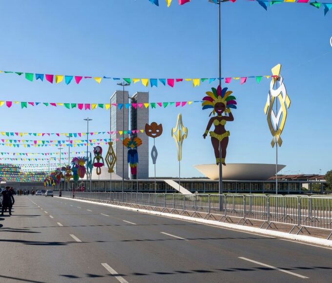Viaturas da Polícia Militar do DF reforçando segurança em evento de Carnaval em Brasília.