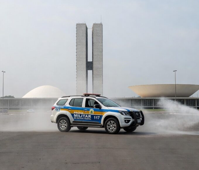 Cena de confronto com viaturas da PM no DF, nuvens de spray de pimenta no ar em rua de Brasília.