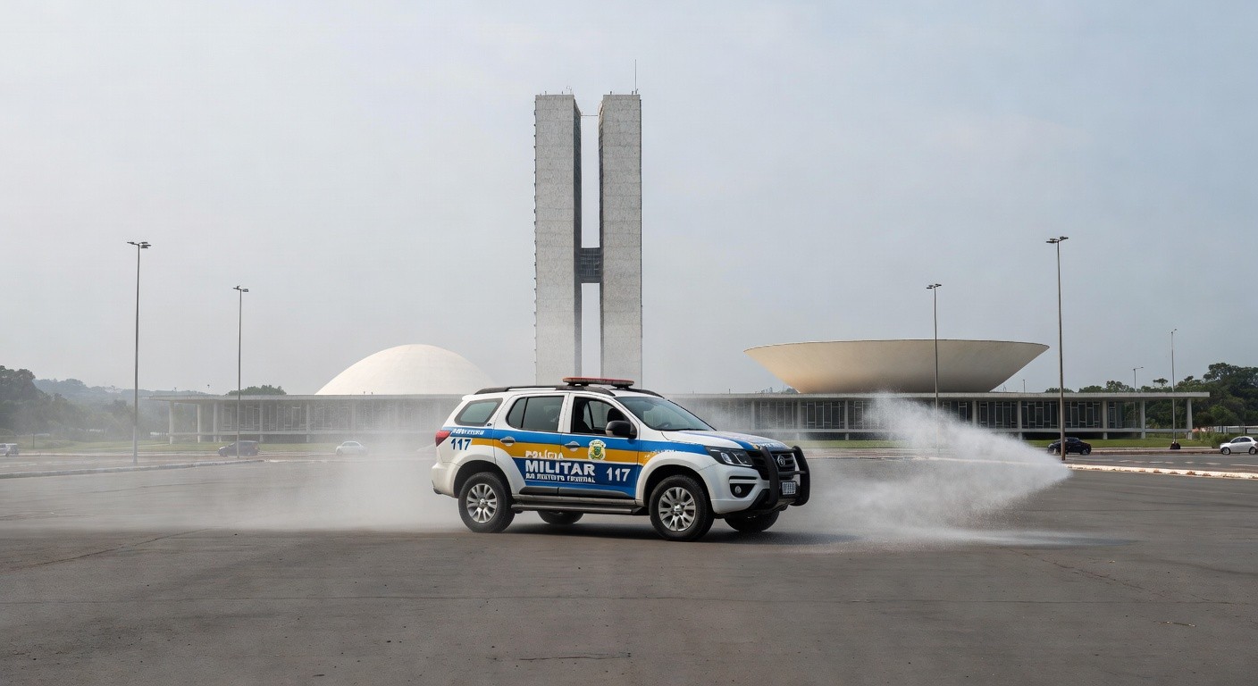 Cena de confronto com viaturas da PM no DF, nuvens de spray de pimenta no ar em rua de Brasília.