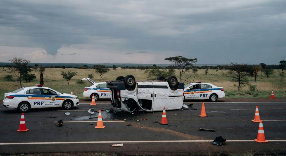 Cena de acidente com van e caminhão colididos na BR-020 em Planaltina, veículos danificados na rodovia asfaltada com vegetação de cerrado ao fundo.