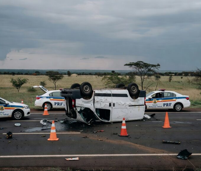Cena de acidente com van e caminhão colididos na BR-020 em Planaltina, veículos danificados na rodovia asfaltada com vegetação de cerrado ao fundo.