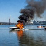 Lancha em chamas no Lago Paranoá, Brasília, com fumaça e reflexos na água.