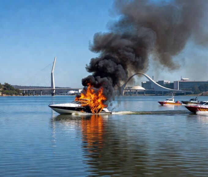 Lancha em chamas no Lago Paranoá, Brasília, com fumaça e reflexos na água.