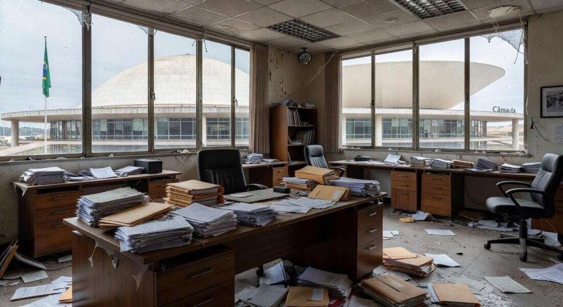 Prédio público abandonado em Brasília representando falhas no apoio a mulheres e idosos no Distrito Federal.