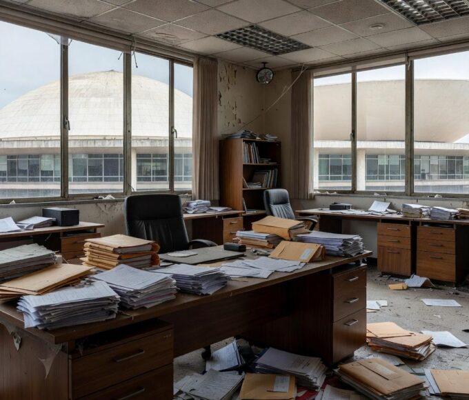 Prédio público abandonado em Brasília representando falhas no apoio a mulheres e idosos no Distrito Federal.