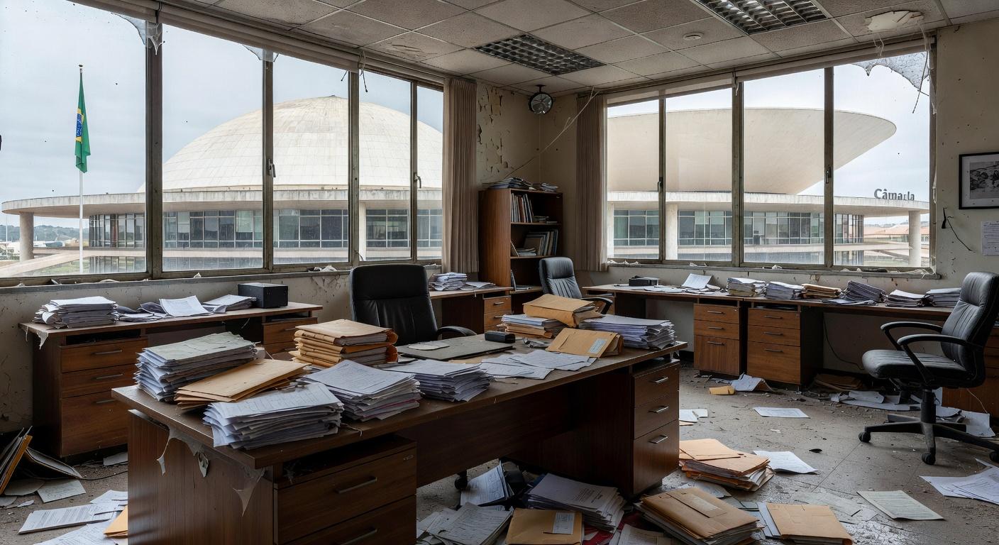 Prédio público abandonado em Brasília representando falhas no apoio a mulheres e idosos no Distrito Federal.