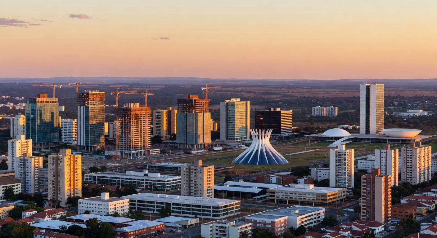 Vista panorâmica da skyline de Brasília com edifícios modernos e construções, representando o mercado imobiliário no DF com vendas de R$ 4,85 bilhões e valorização de 8% em 2025.