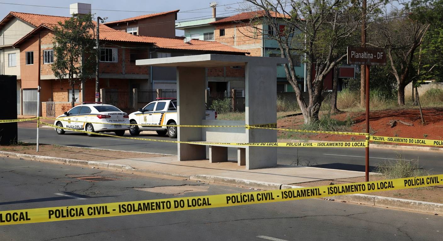 Parada de ônibus em Planaltina isolada por fita policial, com viaturas da Polícia Civil ao fundo, representando cena de crime no Distrito Federal.