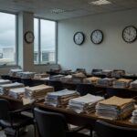 Sala vazia da CLDF com pilhas de documentos empoeirados, representando ineficiência e estagnação burocrática no DF.