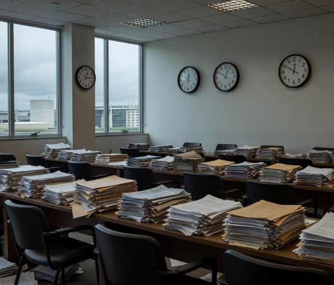 Sala vazia da CLDF com pilhas de documentos empoeirados, representando ineficiência e estagnação burocrática no DF.