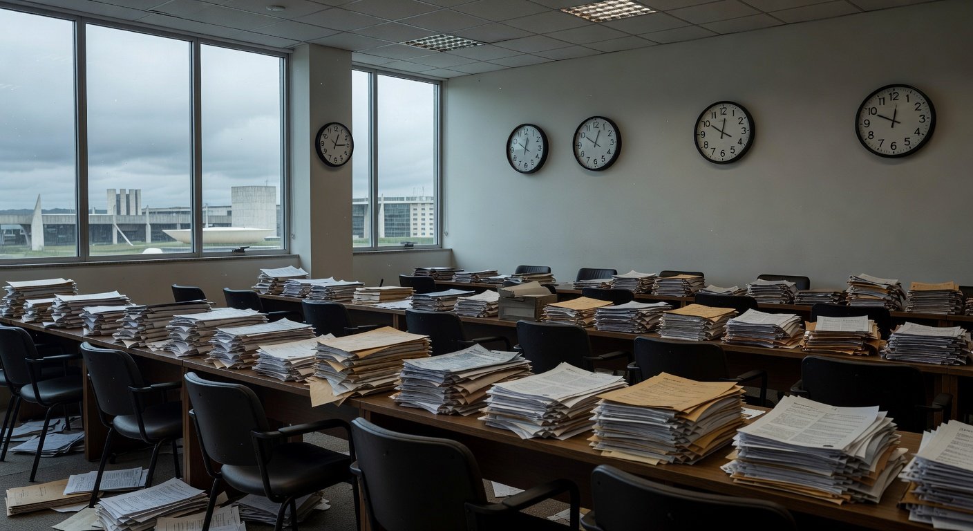 Sala vazia da CLDF com pilhas de documentos empoeirados, representando ineficiência e estagnação burocrática no DF.