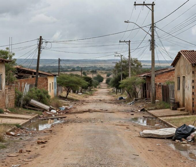 Área de habitações precárias em Brasília contrastando com edifício da CLDF, simbolizando campanha católica por moradia e críticas ao déficit habitacional no DF.