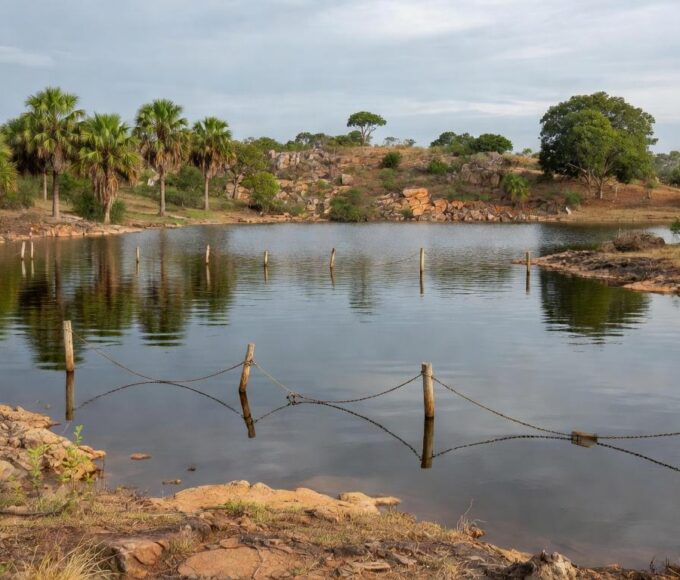 Piscinas da Água Mineral fechadas no Parque Nacional de Brasília por risco de ruptura, com vegetação de cerrado ao redor.