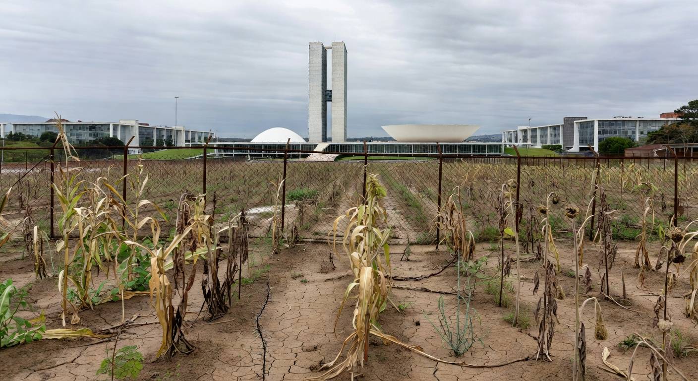 Horta urbana negligenciada no Distrito Federal, com plantas murchas e estruturas danificadas, destacando falhas na agricultura urbana.