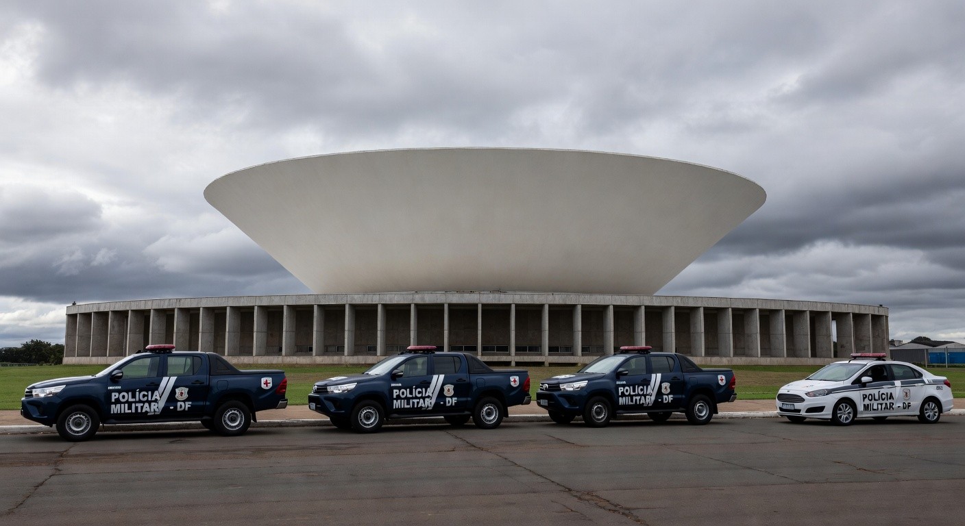 Viatura da polícia da CLDF em frente à Câmara Legislativa no DF, com elementos de olimpíadas de segurança e tom de controvérsia.