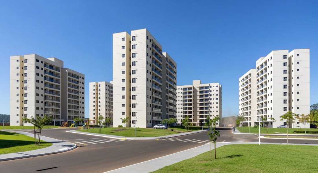 Conjunto de apartamentos entregues no Itapoã Parque, Brasília, com edifícios modernos e áreas verdes.
