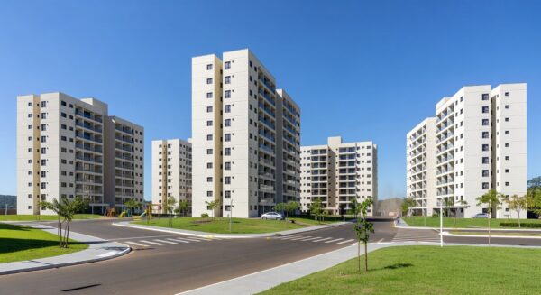 Conjunto de apartamentos entregues no Itapoã Parque, Brasília, com edifícios modernos e áreas verdes.
