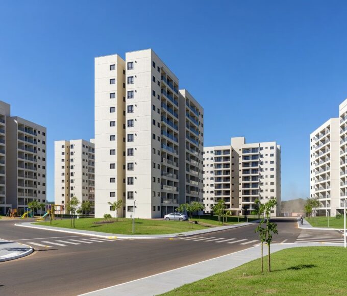 Conjunto de apartamentos entregues no Itapoã Parque, Brasília, com edifícios modernos e áreas verdes.