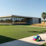 Fachada de creche no DF com mochila infantil na entrada, representando caso de maus-tratos flagrado por gravador escondido.