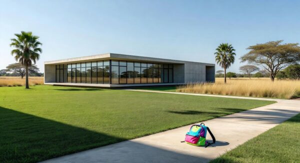 Fachada de creche no DF com mochila infantil na entrada, representando caso de maus-tratos flagrado por gravador escondido.