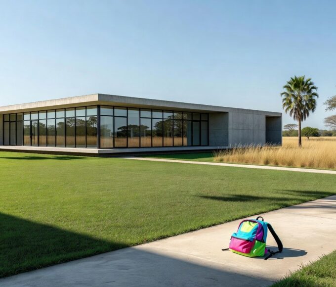 Fachada de creche no DF com mochila infantil na entrada, representando caso de maus-tratos flagrado por gravador escondido.