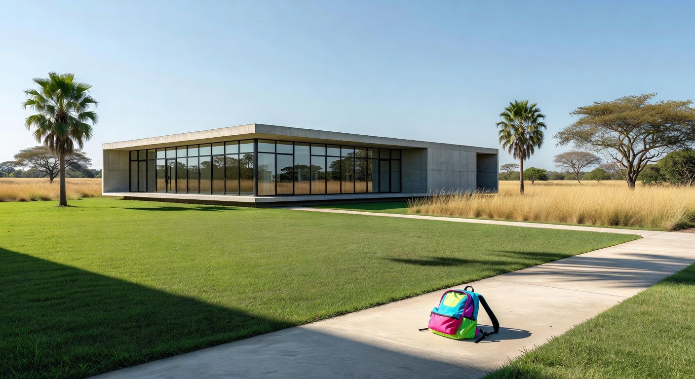 Fachada de creche no DF com mochila infantil na entrada, representando caso de maus-tratos flagrado por gravador escondido.