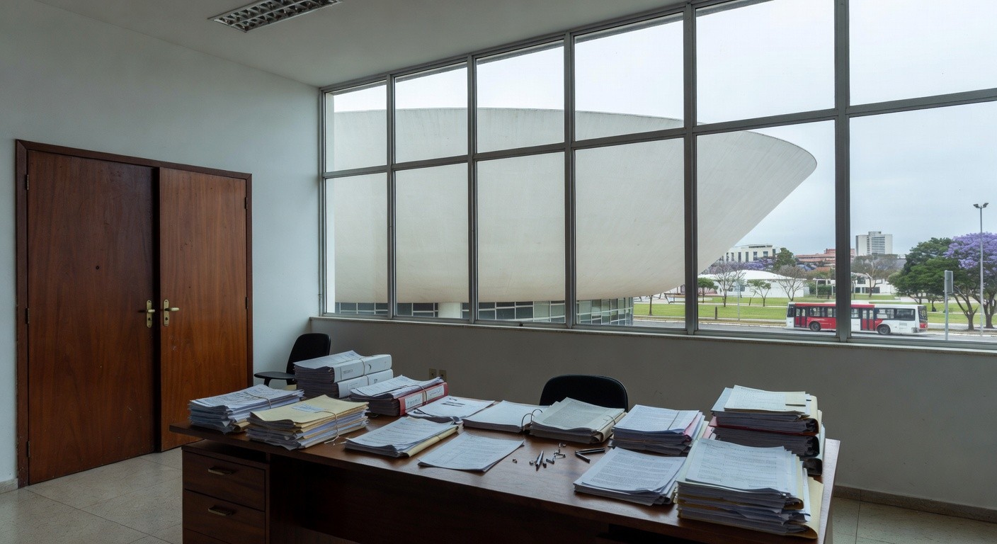 Edifício moderno em Brasília com pilhas de documentos burocráticos, ilustrando exclusão de associações de consumidores pela Caesb e Adasa.